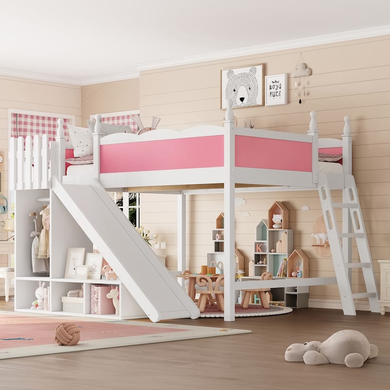 Queen Loft Bed with Storage Shelves and Wardrobe, Solid Wood Loft Beds with Detachable Slide and Ladders, No Spring Box Needed