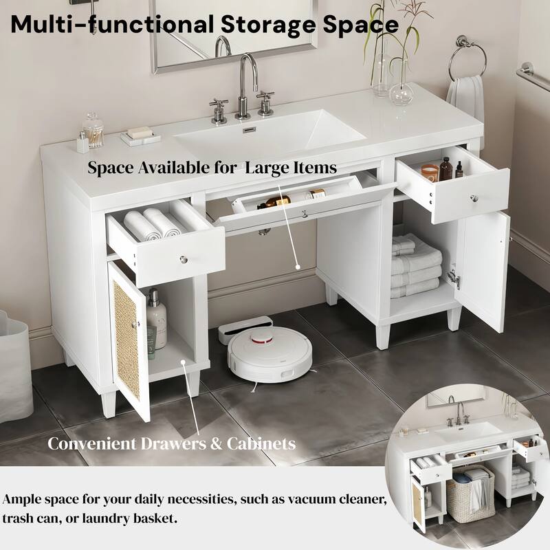 60 Inch Bathroom Vanity with SMC Sink, Modern Spacious Bathroom Storage Cabinet with Soft Close Drawers and Tip-Out Tray