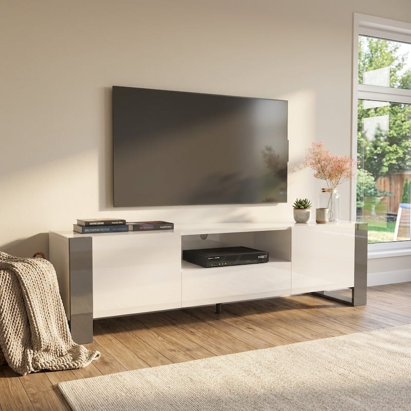 Meble Furniture Woody 71" Modern High Gloss TV Stand with Storage - Fits TVs up to 75" - European Made for up to 80" TVs