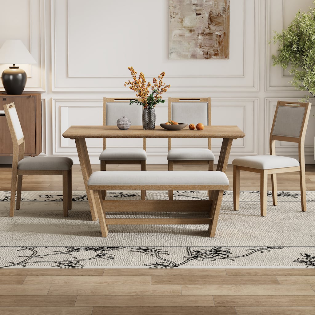 6-Piece Retro Dining Set, 1 Rectangular Table, 4 Upholstered Chairs and 1 Bench
