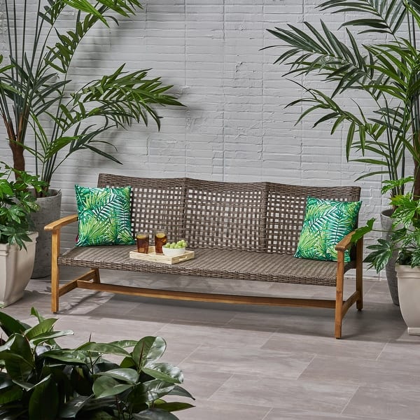 slide 2 of 14, Hampton Outdoor Wood and Wicker Sofa by Christopher Knight Home