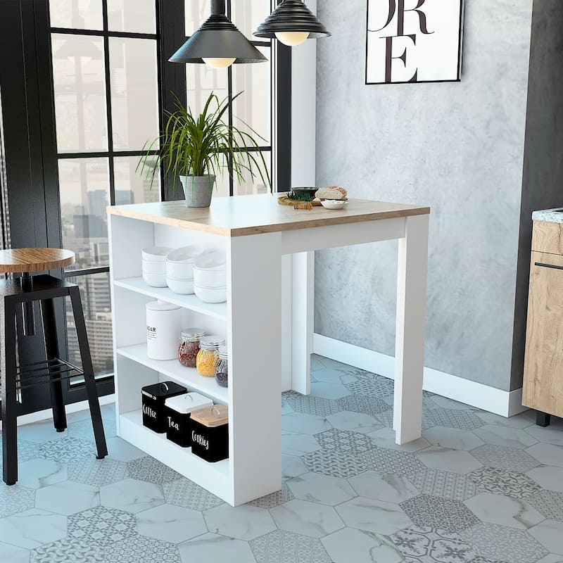 Kitchen Island - White & Pine Storage Cart - Modern Kitchen Centerpiece - 36" x 31"