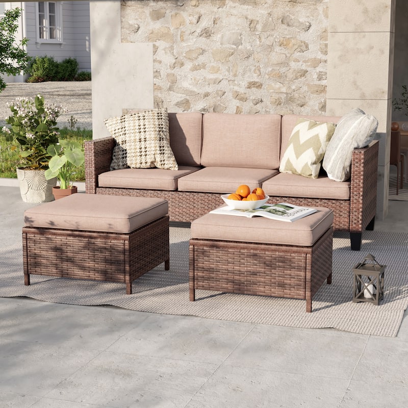 LIVOOSUN 3Pcs Patio Furniture Conversation Brown Rattan Patio Sofa Set - Brown/Beige