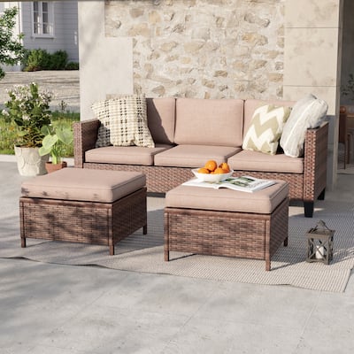 LIVOOSUN 3Pcs Patio Furniture Conversation Brown Rattan Patio Sofa Set