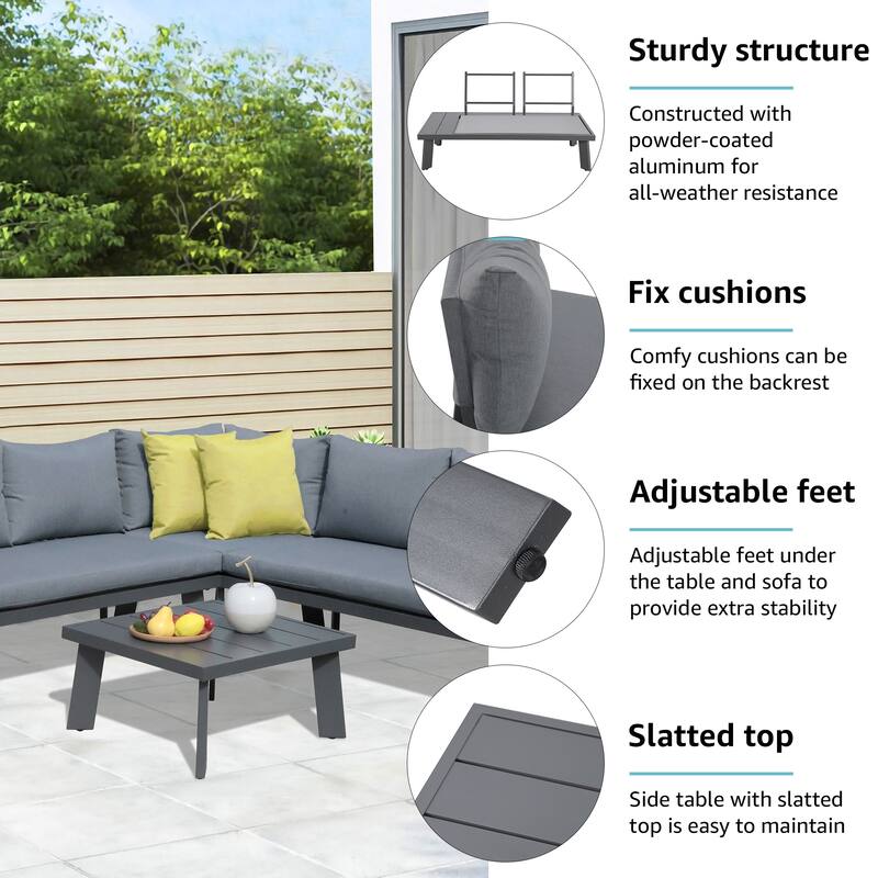 Outdoor Aluminum V-Shaped Sectional Seating Set with Side Table