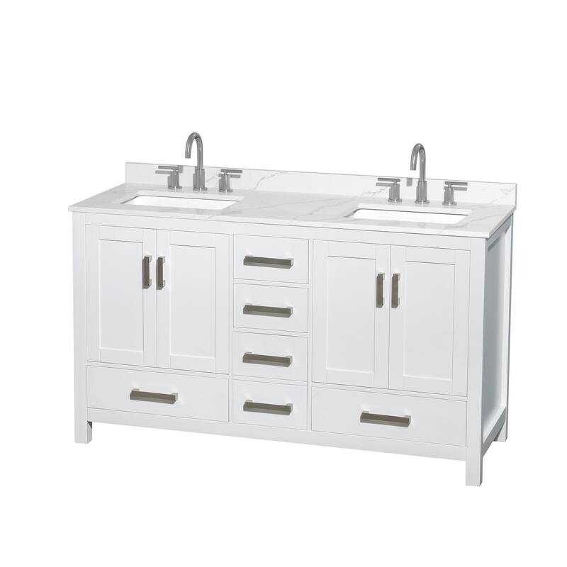 Sheffield 60-inch Double Vanity, 3 Hole Quartz Top - White, Chrome Trim, Giotto Quartz Top