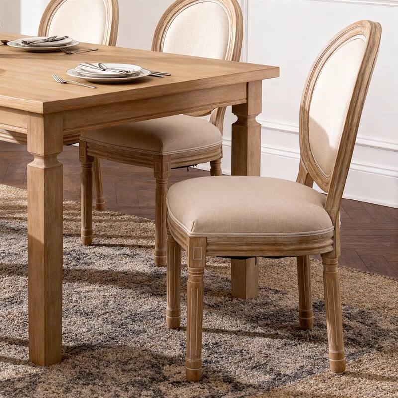 French Style Solid Wood Frame Linen Fabric Oval Back Dining Chair (Set of 2)