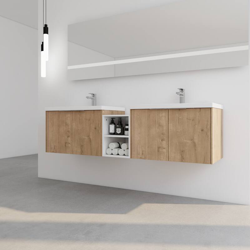 Wall Mounted Bathroom Vanity with Double Doors, Resin Sink, Eco-Friendly Plywood, Soft Closing Hinges - 71.1in L Plywood
