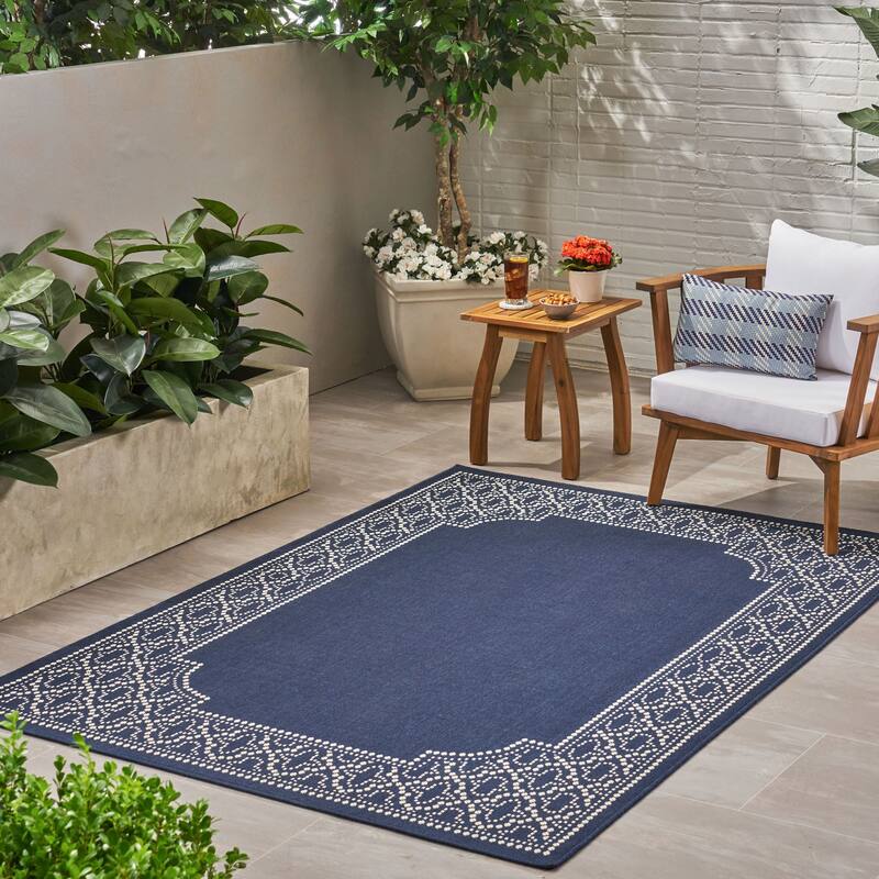 Navy Blue & Ivory Outdoor Area Rug with Elegant Border Design, Durable Polypropylene, Ideal for Patio, Deck, or Balcony