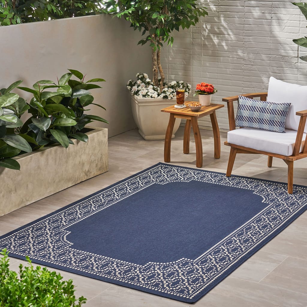 Navy Blue & Ivory Outdoor Area Rug with Elegant Border Design, Durable Polypropylene, Ideal for Patio, Deck, or Balcony