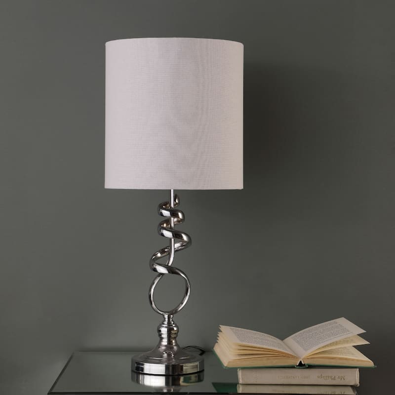 Nickel Metal Bedside Lamp with Off White Linen Drum Shade and Brushed Finish - 5” x 5.38” x 21.5” (D x W x H)