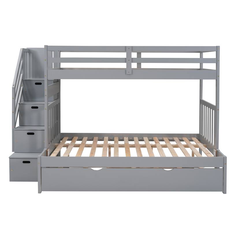 Convertible Twin Over Full Bunk Bed with Trundle and Stair Storage, Durable Wood Frame