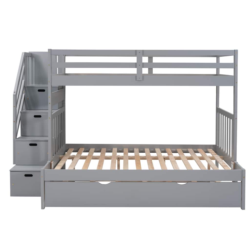 Solid Pinewood Detachable Bunk Bed Frame, Wooden Twin over Full Bunk Bed with Twin Size Trundle Bed and Storage Staircase