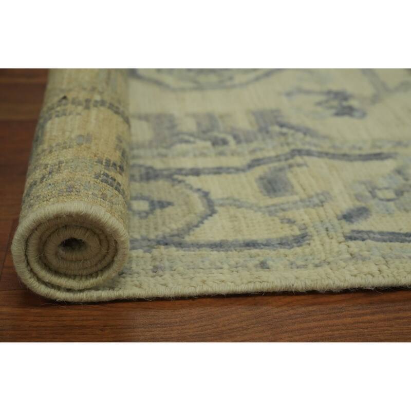 Vegetable Dye Wool Oushak Turkish Runner Rug, Floral Geometric Carpet - 12' 1'' X 2' 9''