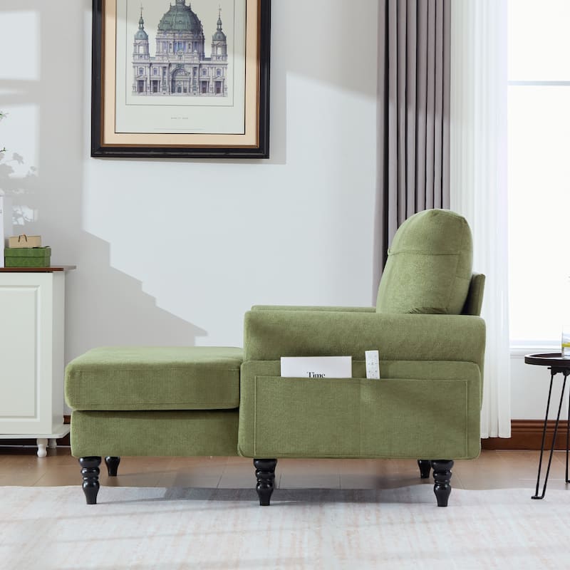 Modern Chaise Lounge Single Sofa Chair, Chenille Fabric Recliner Armchair with Side Pockets and Wooden Legs