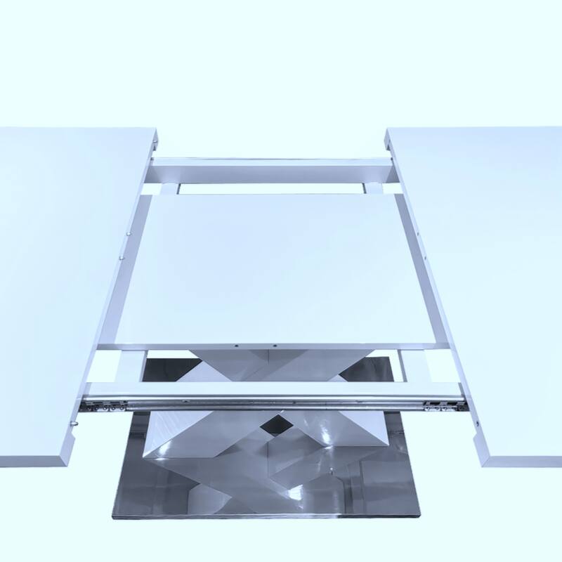 Modern Square Dining Table, Stretchable, White Table Top+MDF X-Shape Table Leg with Metal Base