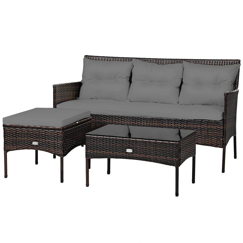 Gymax 3PCS Patio Rattan Sectional Conversation Furniture Set w/ Grey