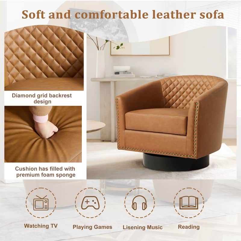 2 Set Tufted PU Vegan Leather Swivel Barrel Chair with Nailheads Trim