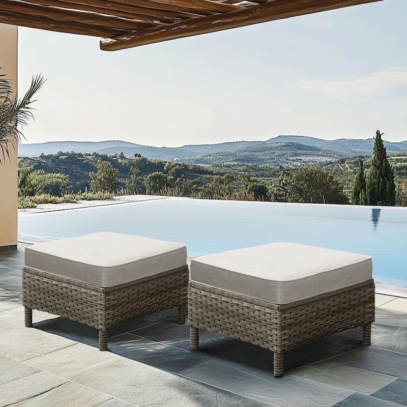 Outdoor Rattan Wicker cushioned Footstool Ottomans Set of 2