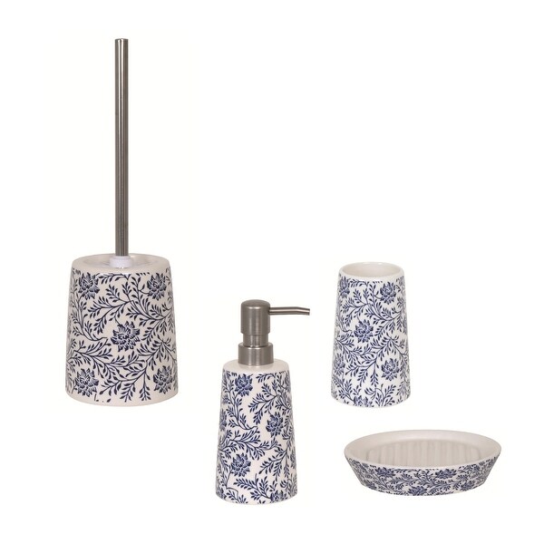 Pink & White Floral Ceramic Toilet Brush Holder Set with Stainless Steel Handle 
