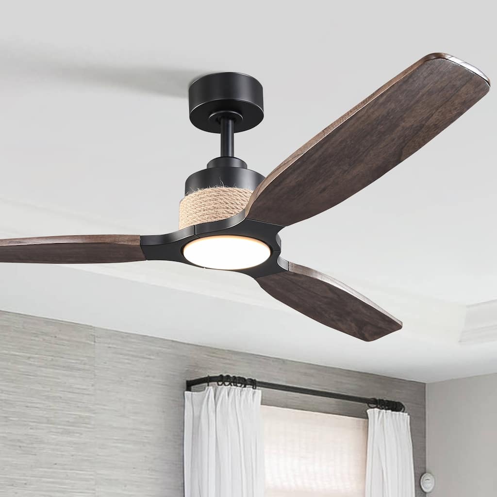 Parrot Uncle 56" Transition Black Solid Wood Jute Dimmable LED Ceiling Fan with Light and Remote