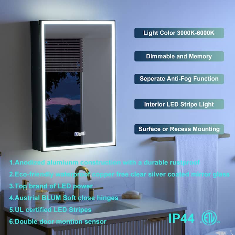 30'' H Recessed Or Surface Wall Mounted LED Mirror Cabinet With Mirror And Adjustable Shelves,Black Frame