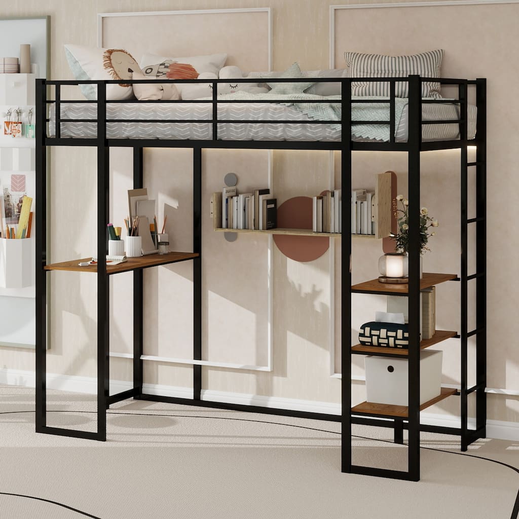 Iron frame bed with bed and table with stairs on both sides