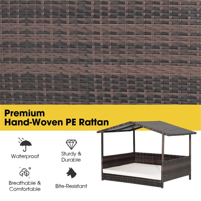 Dog House Outdoor With Canopy, Rattan Dog Bed With Water-Resistant Cushion - 38.5" x 27" x 28.5"