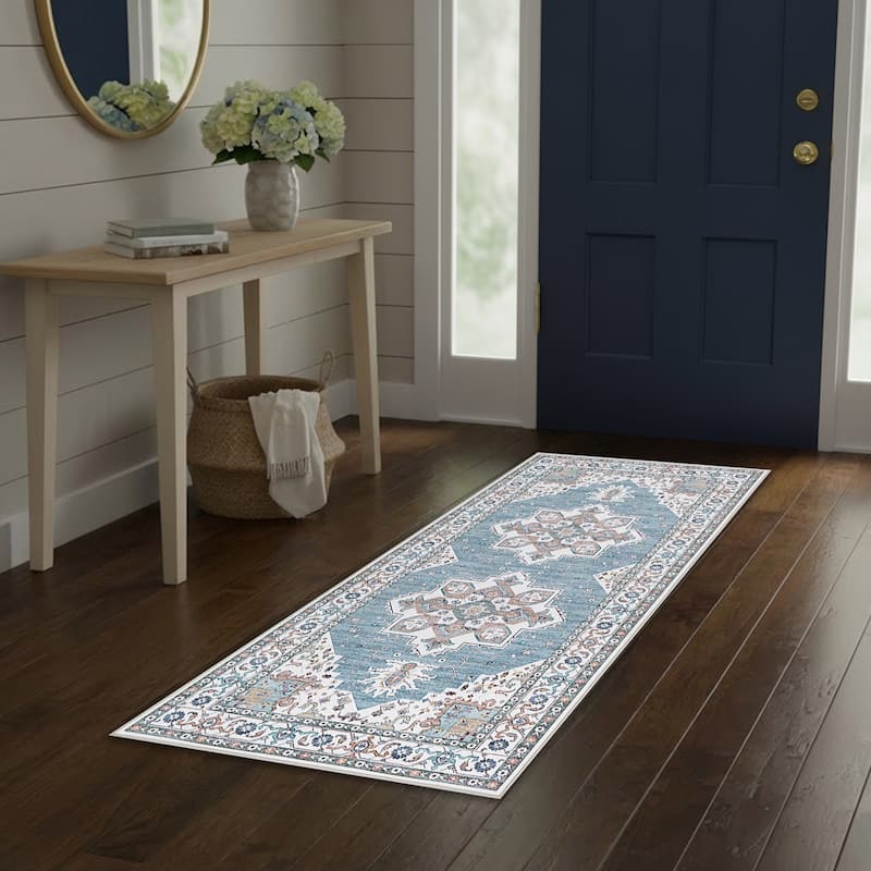 Laura Ashley Imagine Printed Chenille Washable Non-Slip Rugs - Blue - 2'2" x 5'