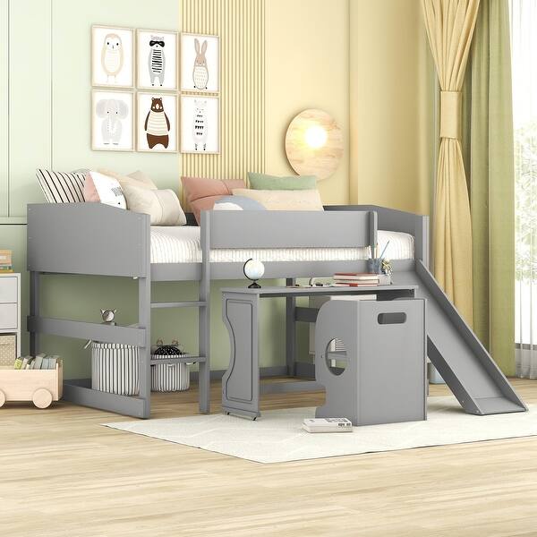 slide 2 of 18, Full Size Low Study Loft Bed with Rolling Portable Desk and Chair,Multiple Functions Bed for Kids Grey