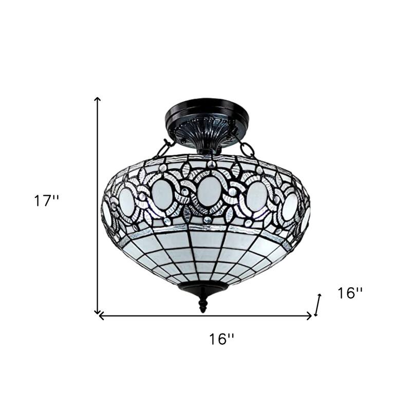 HomeRoots Blue and Black Tiffany Style Two Light Glass Dimmable Semi Flush Ceiling Light - 16' X '17' X '16