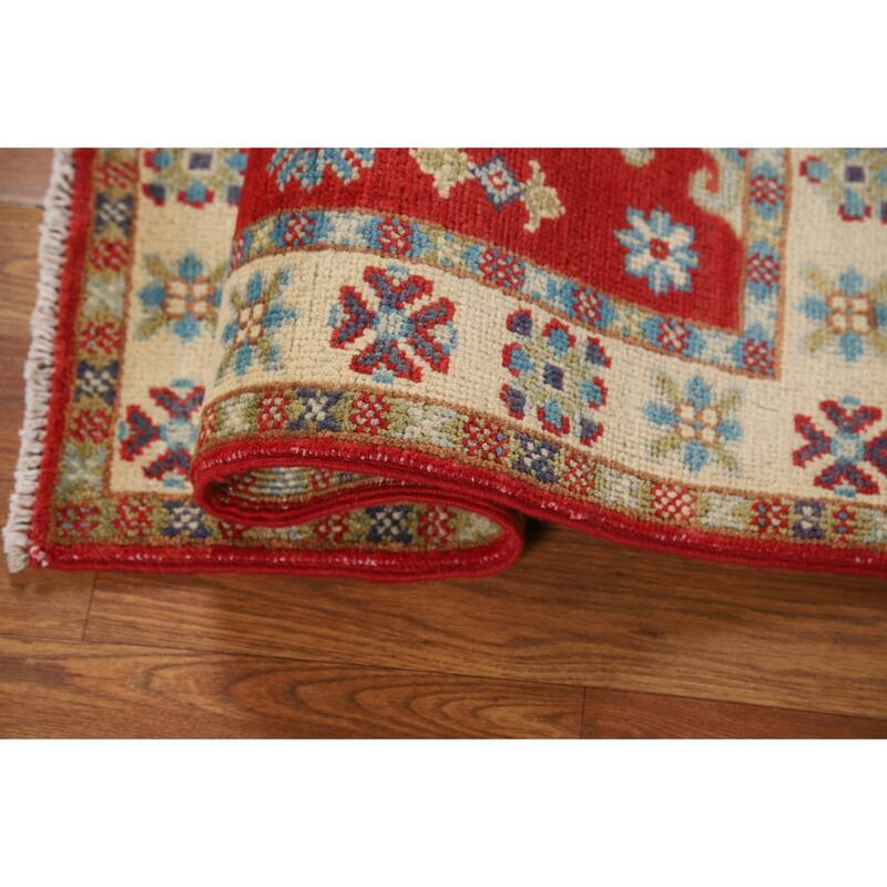 Red Geometric Kazak Foyer Rug Hand-Knotted Traditional Wool Carpet - 2'0" x 3'0"