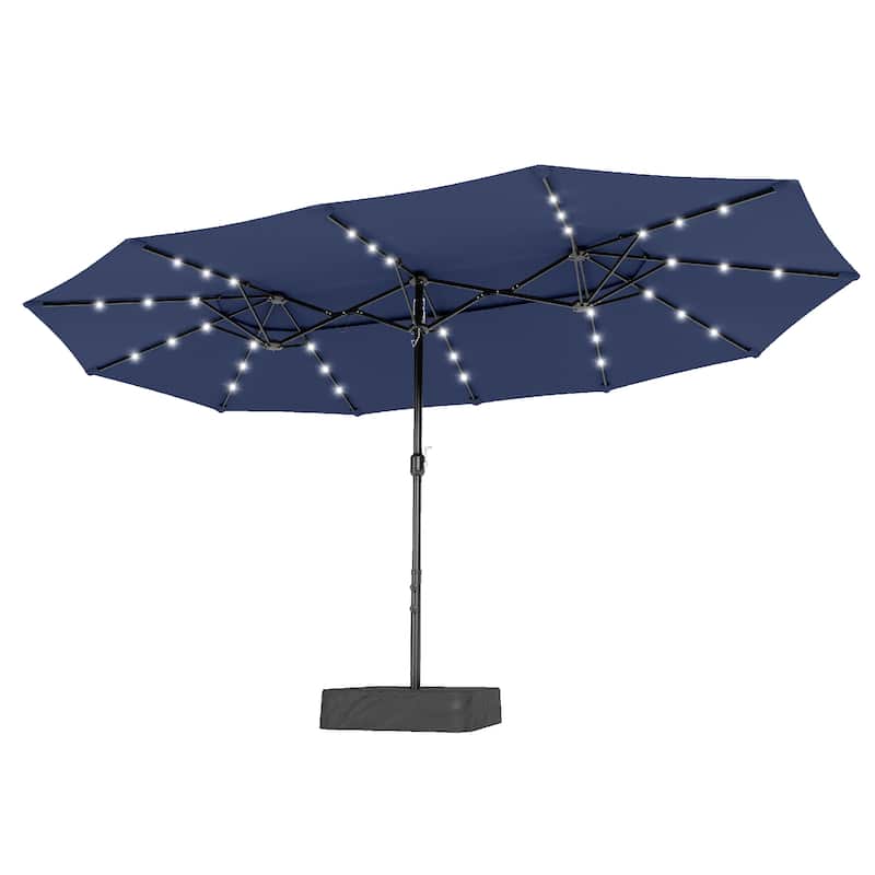 MAISON ARTS 15ft 2-Tier Large Patio Umbrella with Solar Lights, Double-Sided Outdoor Market Umbrellas with Base Included - Navy-Lights