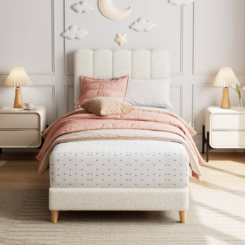 Twin Bed Frame, Boucle Upholstered Platform Bed with Wave Headboard for Girls/Kids, Easy Assembly,Wooden Slats Support