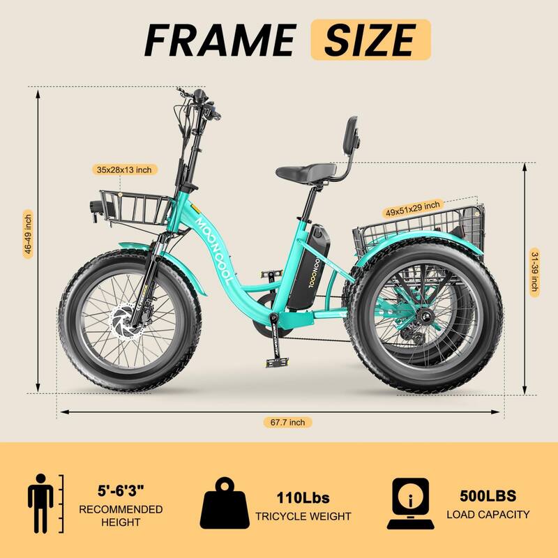 DoCred 20"x4" Fat Tire Electric Tricycle, 48V 500W with 7 Speed Ebike