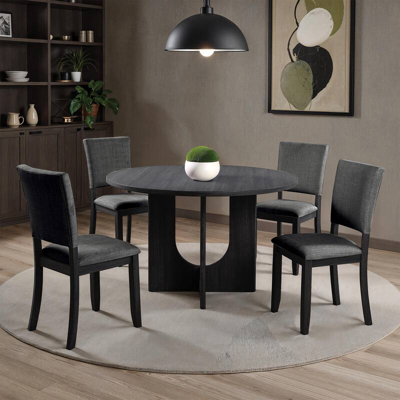 5pc Dining Set Kitchen Dinette Upholstered Fabric Chairs Round Table Pedestal Base Table 4x Side Chairs Dining Room
