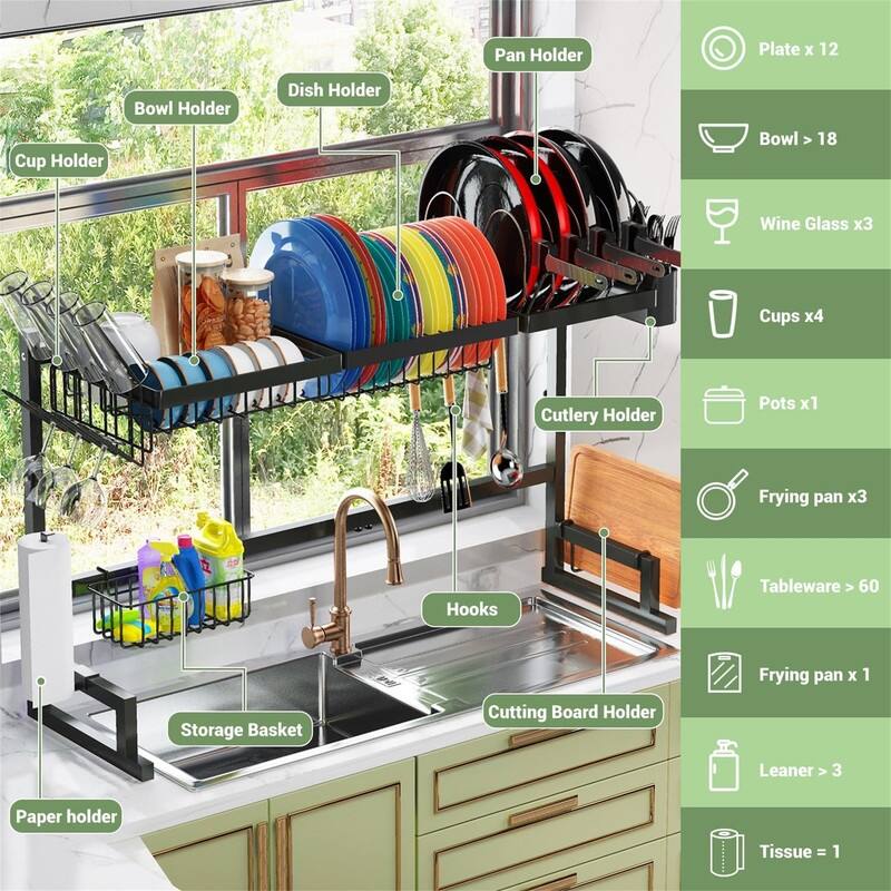 Adjustable Over Sink Dish Drying Rack for Kitchen Use