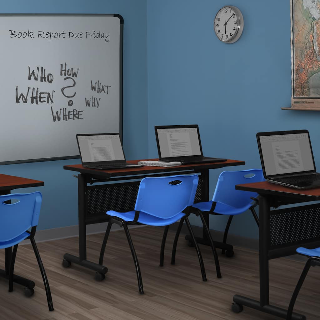 48" x 24" Flip Top Mobile Training Table with Modesty Panel- Cherry and 2 "M" Stack Chairs- Blue