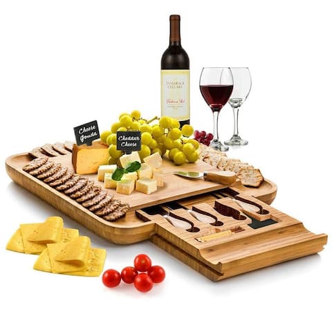 Bamboo Cheese Board & Cutlery Set with 4 Knives in Slide-out Drawer - 13.5"