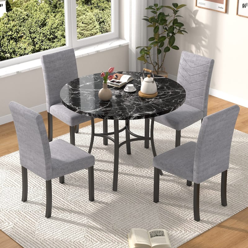VECELO 5-piece Dining Set, Round Dining Table Set with Upholstered Parsons Dining Chairs for Small Space