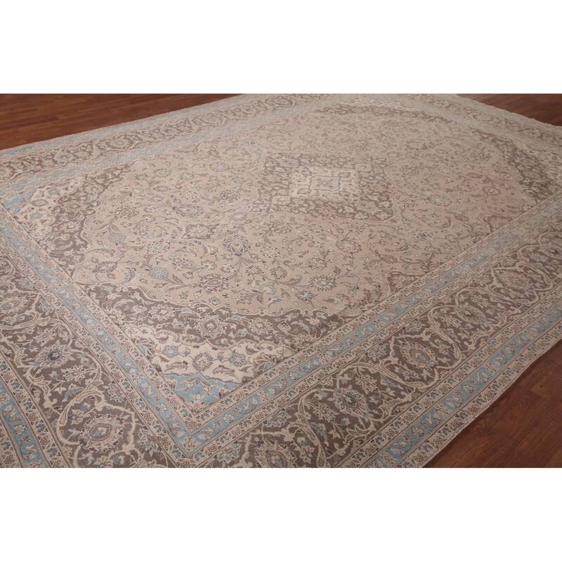 Traditional Mashad Persian Vintage Area Rug Handmade Beige Wool Carpet - 9'5"x 12'8"