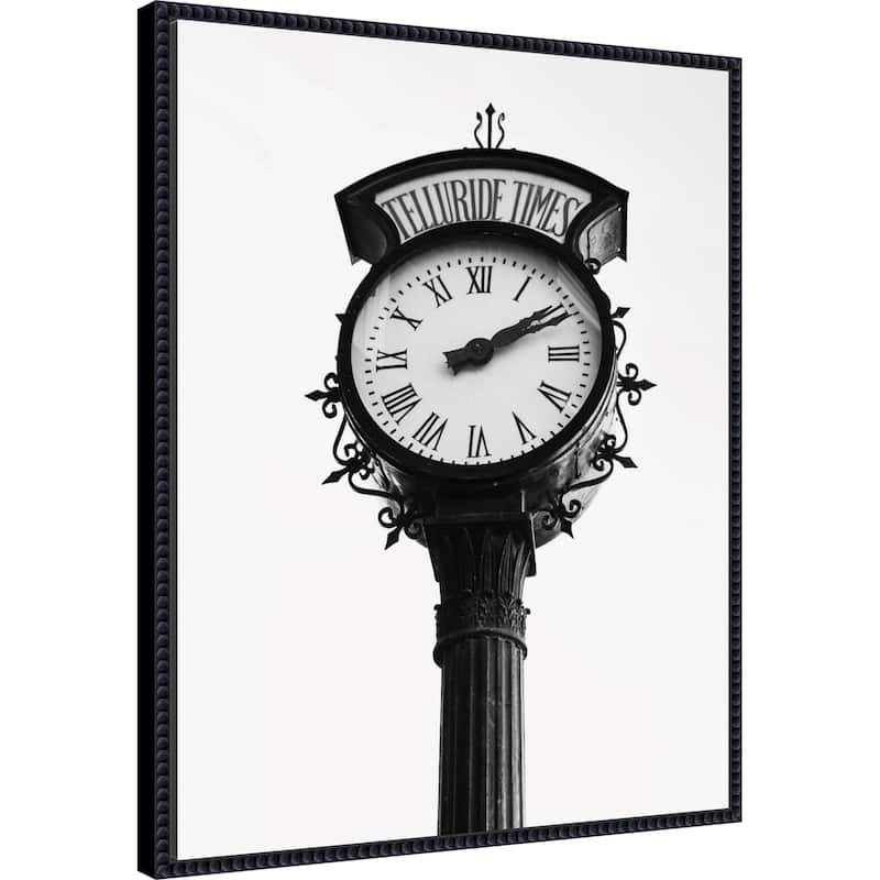 Vintage Street Clock with Marked Telluride Times by Del Mundo Imagery Framed Canvas Wall Art Print - Sylvie Beaded Black