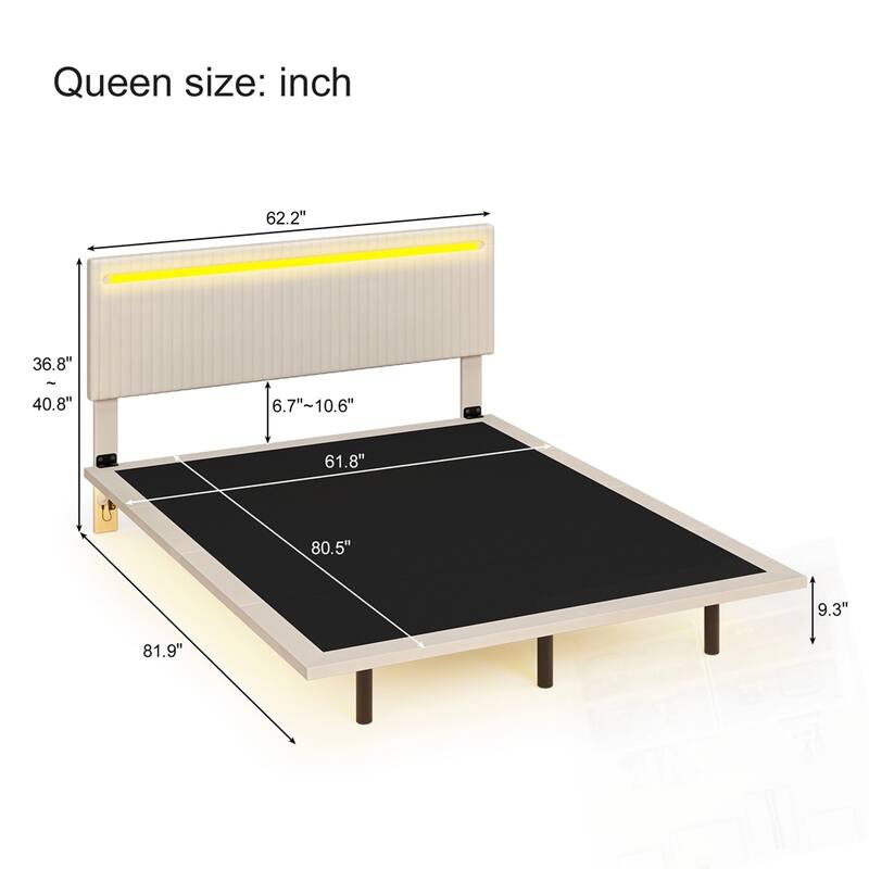 Modern Upholstered Floating Bed Frame with LED Lights Velvet Fabric Bed