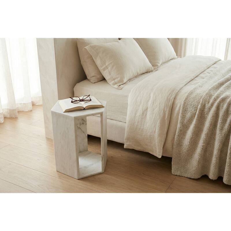 Roomfitters Luxury Natural Marble Hexagon Side Table, Solid Stone Geometric Pedestal End Table, Polished Finish