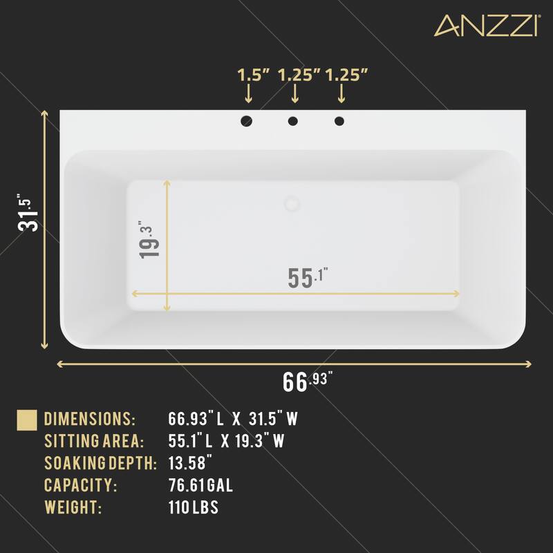 Vault Series 67 in. x 32 in. Flat Bottom Acrylic Freestanding Soaking Bathtub with Center Drain, Brushed Gold Faucet