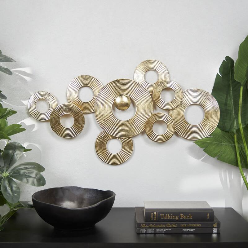 Gold Metal Stacked Circle Ring Geometric Home Wall Decor with Groove Texture - Gold