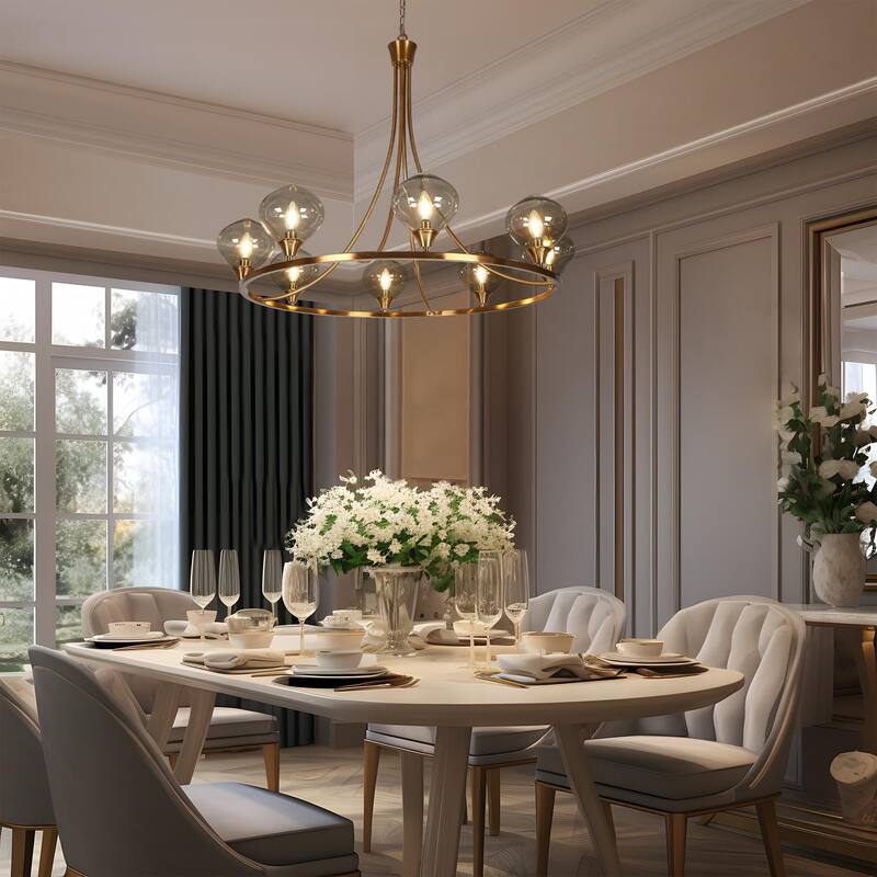 Celesn Modern Gold 8-Light 39.3 in. Wheel Chandelier Glass Lights for Dining Living Room - D 39.3" x H 31.8"