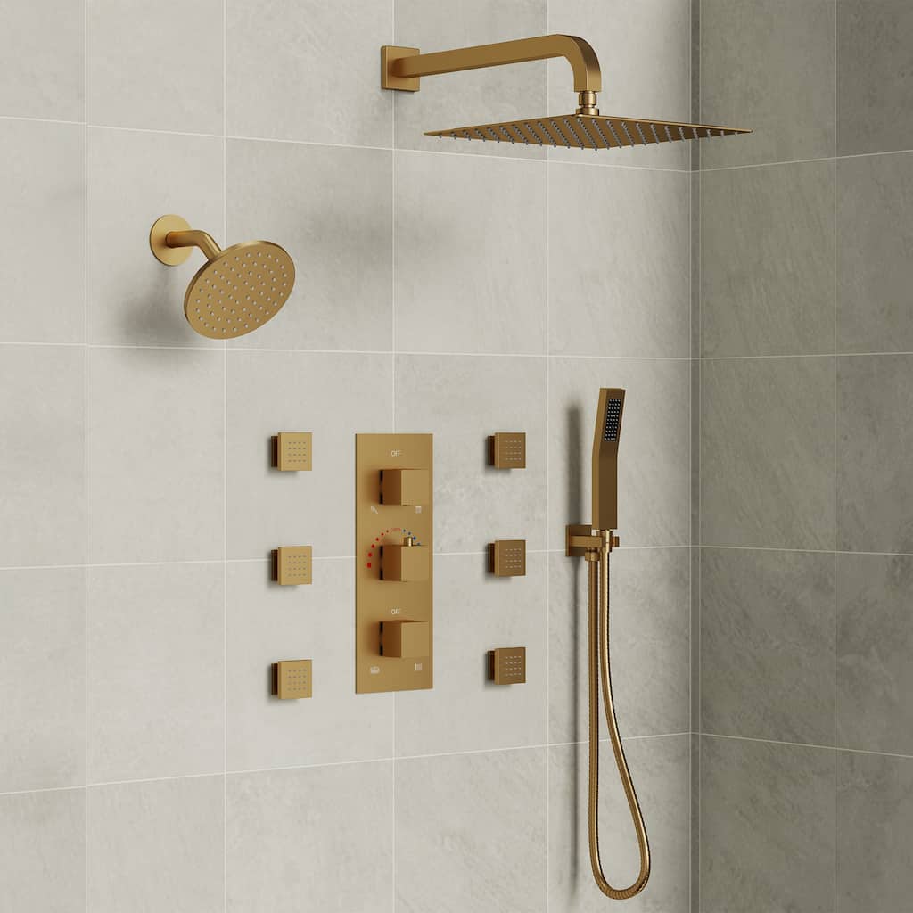 4-Functions Thermostatic Shower System, Wall Mount Shower Faucet Set 12" & 6" Dual Shower Head with 6 Body Jets