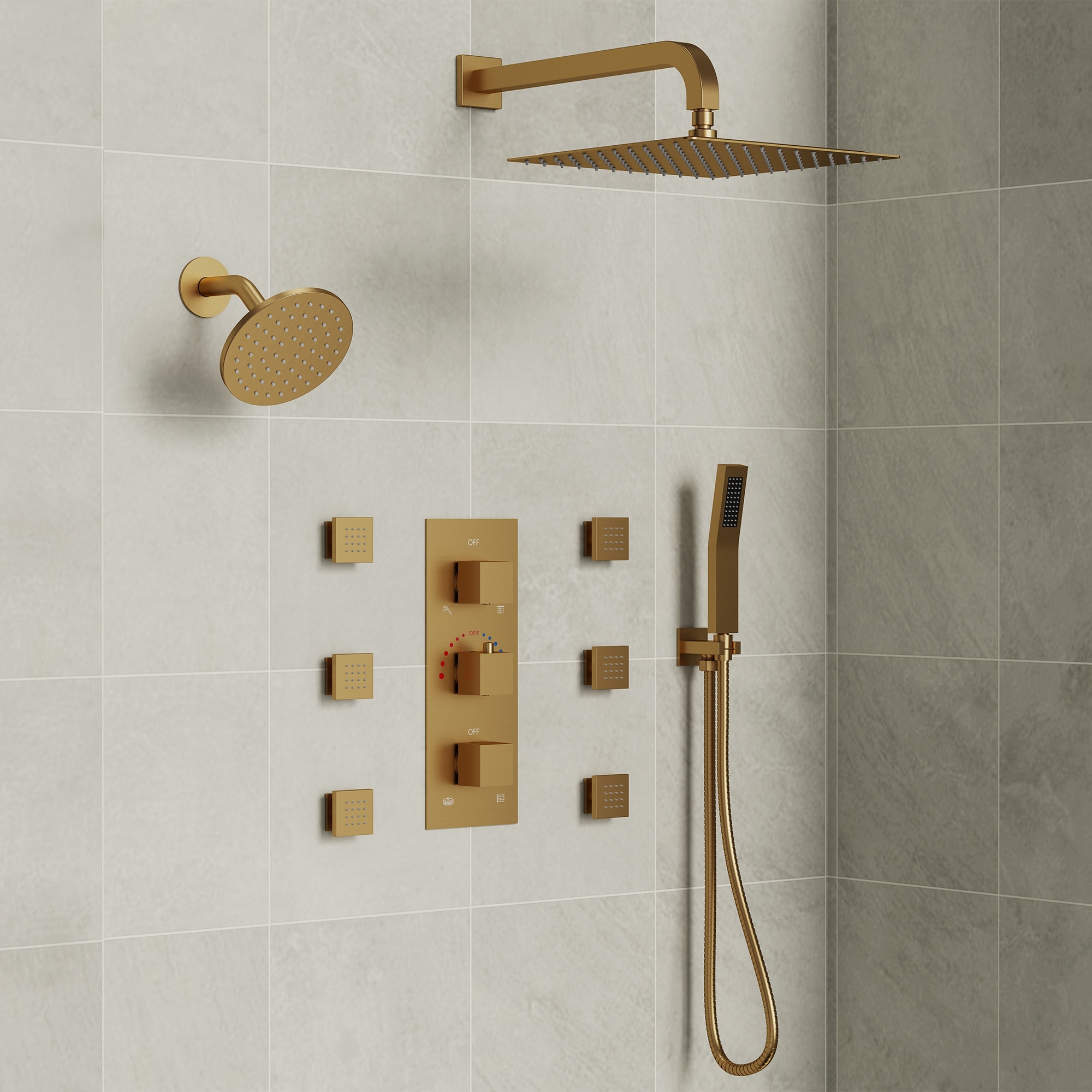 4-Functions Thermostatic Shower System, Wall Mount Shower Faucet Set 12" & 6" Dual Shower Head with 6 Body Jets