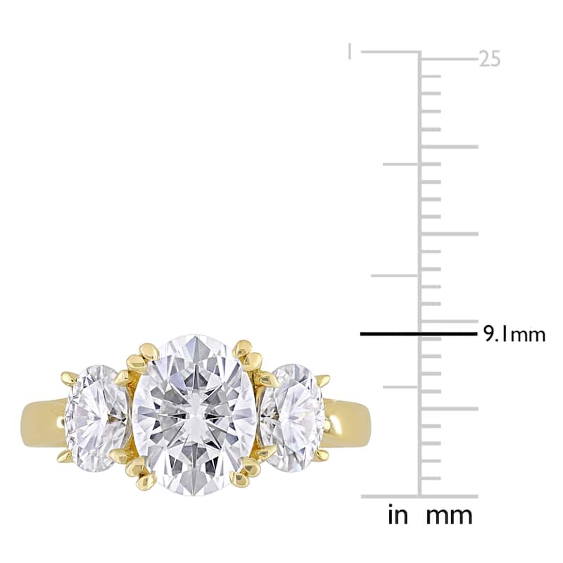 Miadora 10k Yellow Gold 3ct TGW Oval-cut Created White Moissanite 3-Stone Engagement Ring